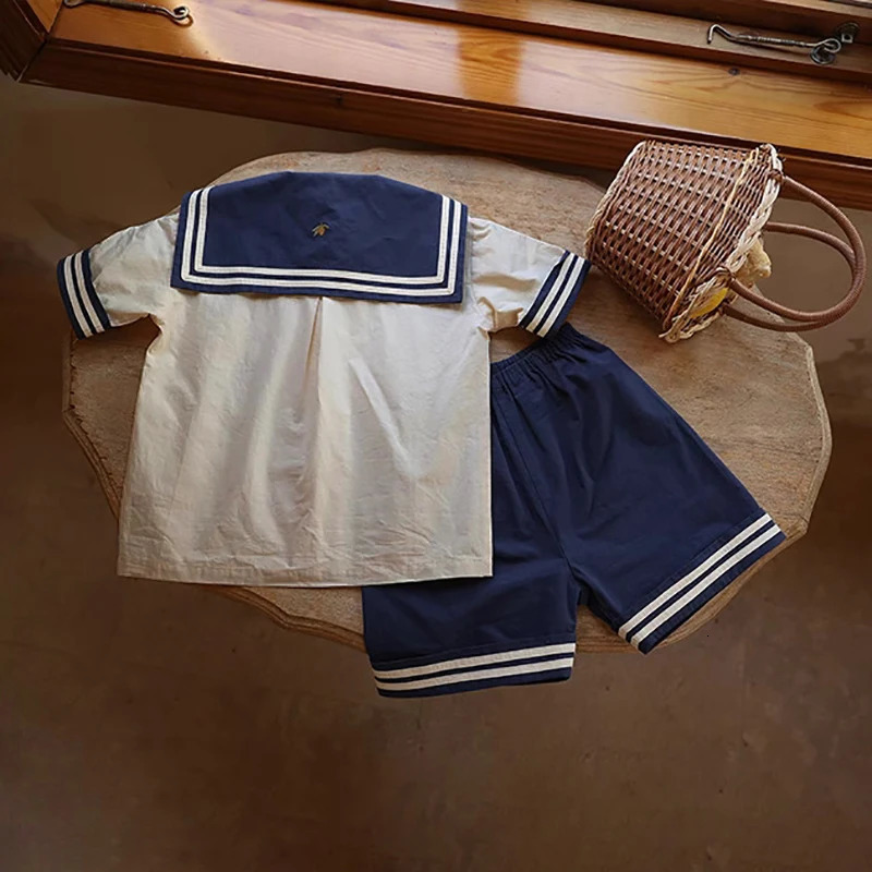 Baby Boy Girl Clothes Sets Sailor Collar Soft Cotton Fashion Baby Navy Uniform Baby Costume 250304