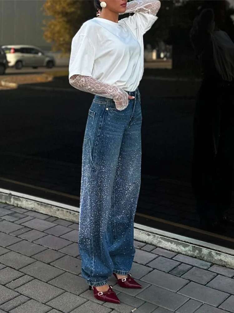 Rhie Straight Leg Jeans High Waisted Shiny Casual Loose Cowboy Blue Pants Slimming Retro Silhouette Trousers Spring Autumn