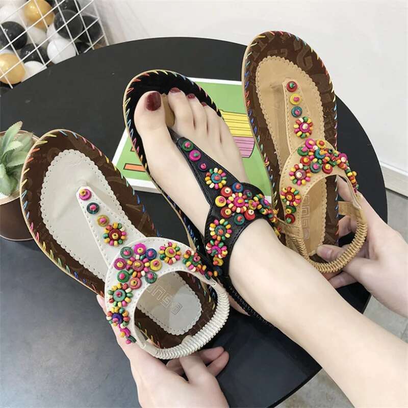 Bohemian Style Women Bead Flip ps Fashionable Comfortable Summer Colorful Sandals Flat Bottom Sandalias