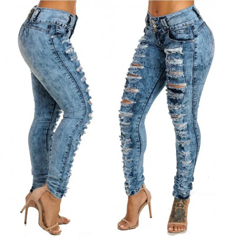 Ankle Length Jean Pencil Denim Hole Pants Ripped Pockets High Waist Skinny Streetwear Button Washed Distressed 250227