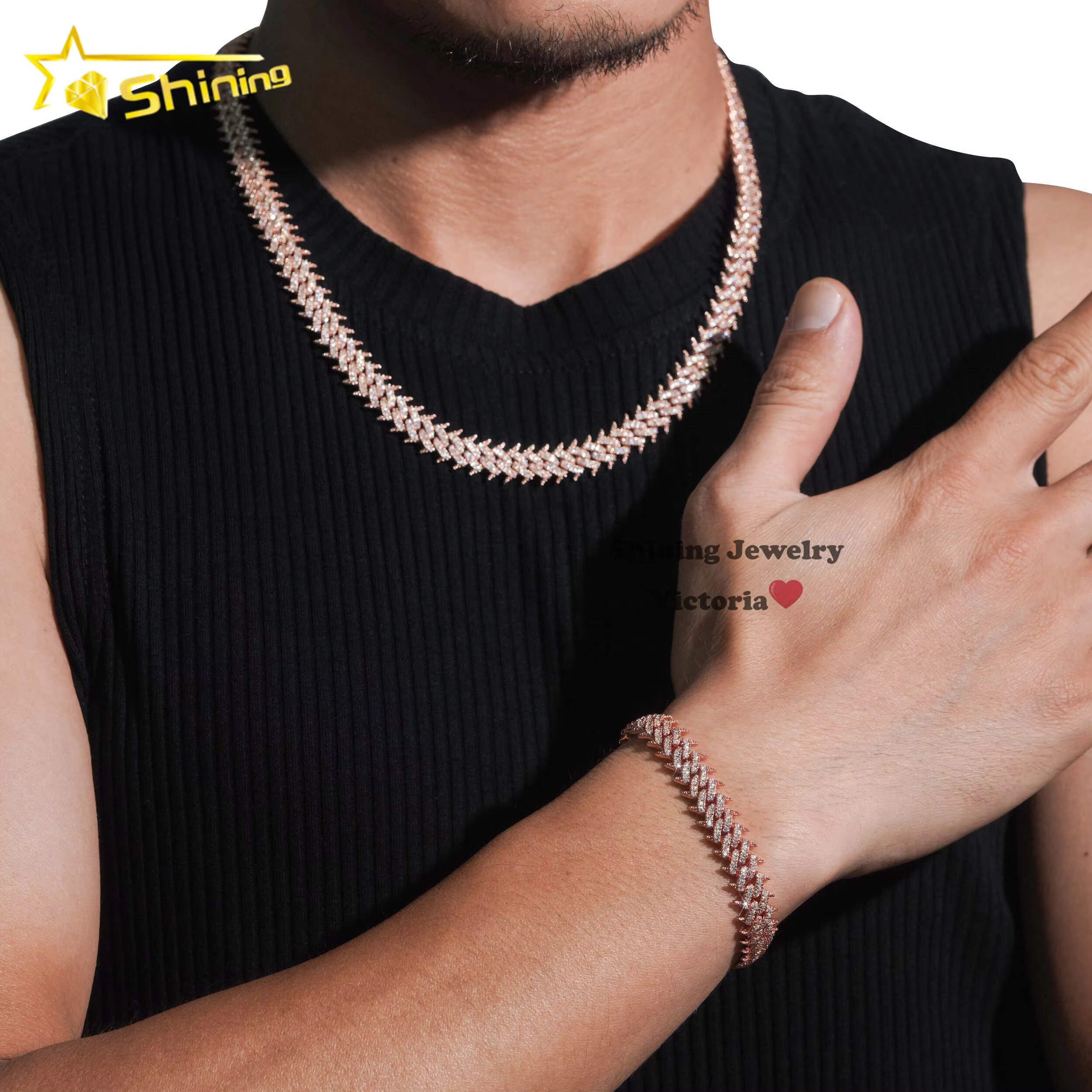 Hot Sale Soild Sier Rose Gold Plated Hip Hop Necklace 10MM VVS Moissanite Dia Spike Cuban k Chain