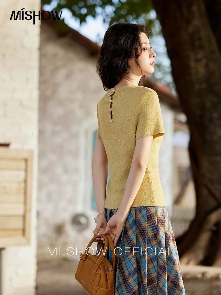 MISHOW Women's Short Sleeved Knitted T-Shirt Spring 2025 Korean Minimalist Back Hollowed Out Pearl Buckle Design Tees Mxe13z1072