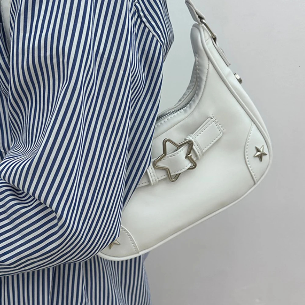 Vintage Korean Casual Cute White Star Shoulder Underarm Tote Bag Ladies Sling Bags Leather Zip Purses Handbags For Women 250228
