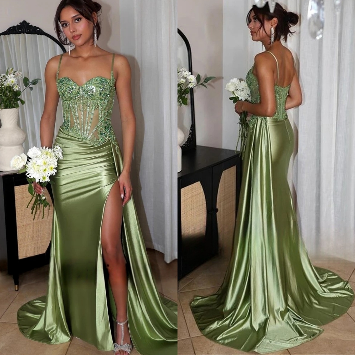Spaghetti Strap Long Olive Green Prom Dresses Side Slit Sexy Satin Special Occasion Gown Lace Appliques Bridesmaid Dress