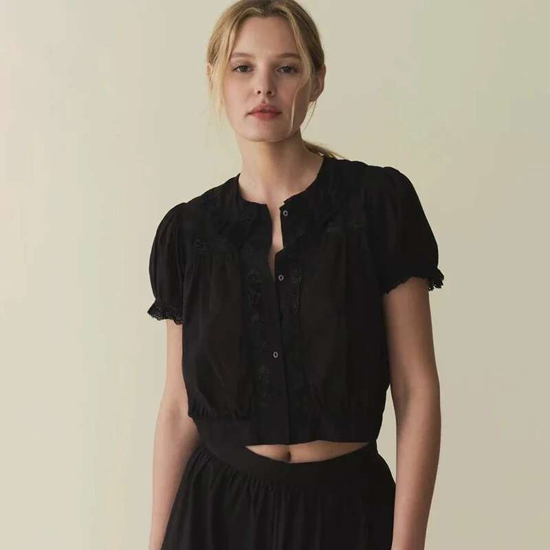 Women 2025 Spring And Summer Fresh Embroidered Lace Lapel Short Waist-Cinching Sweet Shirt