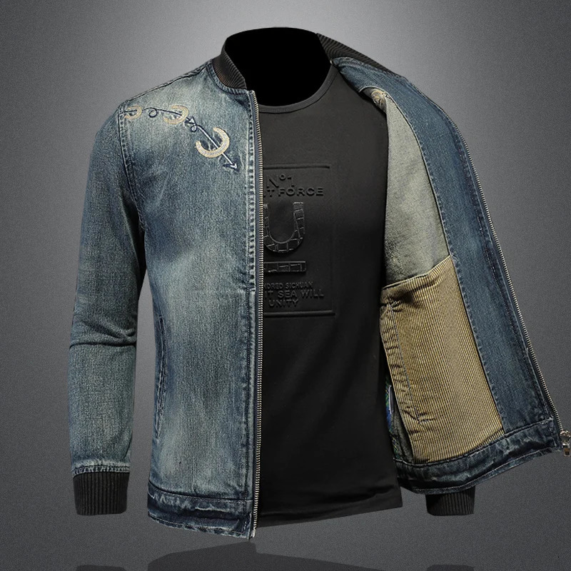 2024 High Quality Fashion Allinone Denim Jacket Handsome Trend Casual Horseshoe Embroidery Vintage Boutique 250304