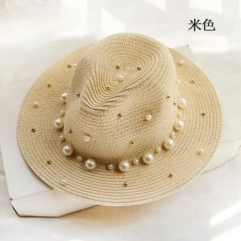 New Spring Summer Hats For Women Flower Beads Wide Brimmed Jazz Panama Hat Sun Visor Beach Hat Flower Pearl rivet Str HatXJ250304