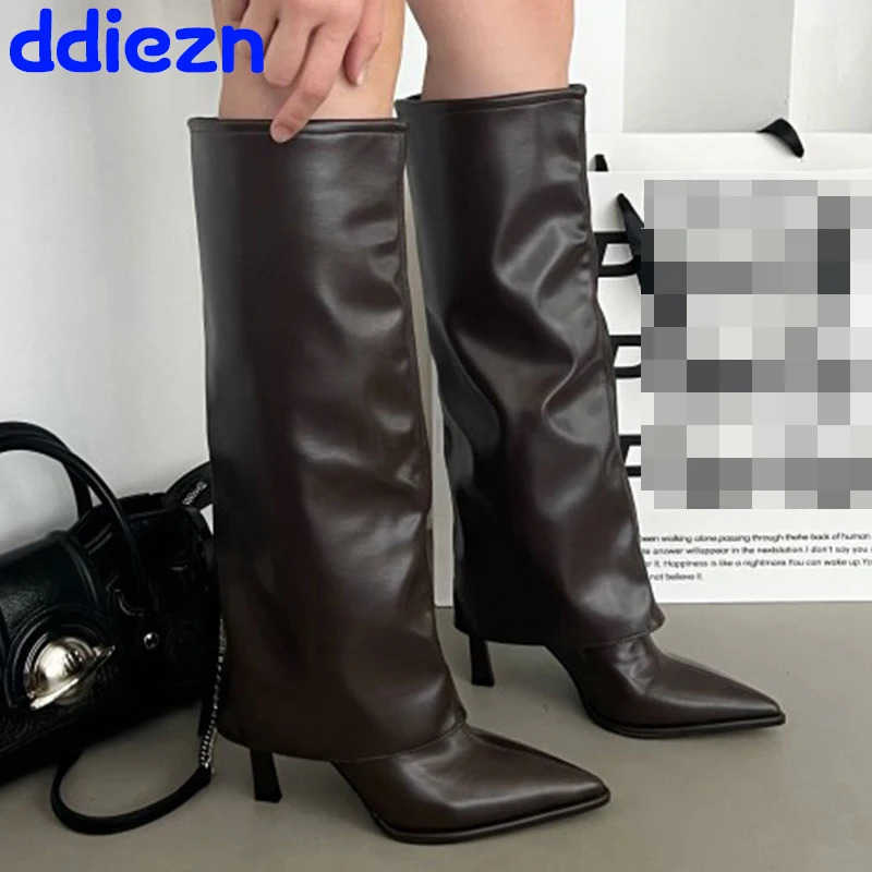 Party Modern Ladies Knee High Boots Pointed Toe Fion Pleated Wern Wen Long Boots Shoes Fem Pumps H Shoes Z250304