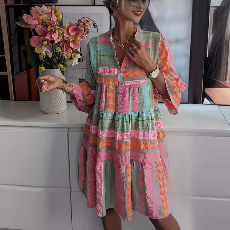 Women's European American autumn print V-neck seven quarter sleeve dress 2025 new style chic and elegant clothing