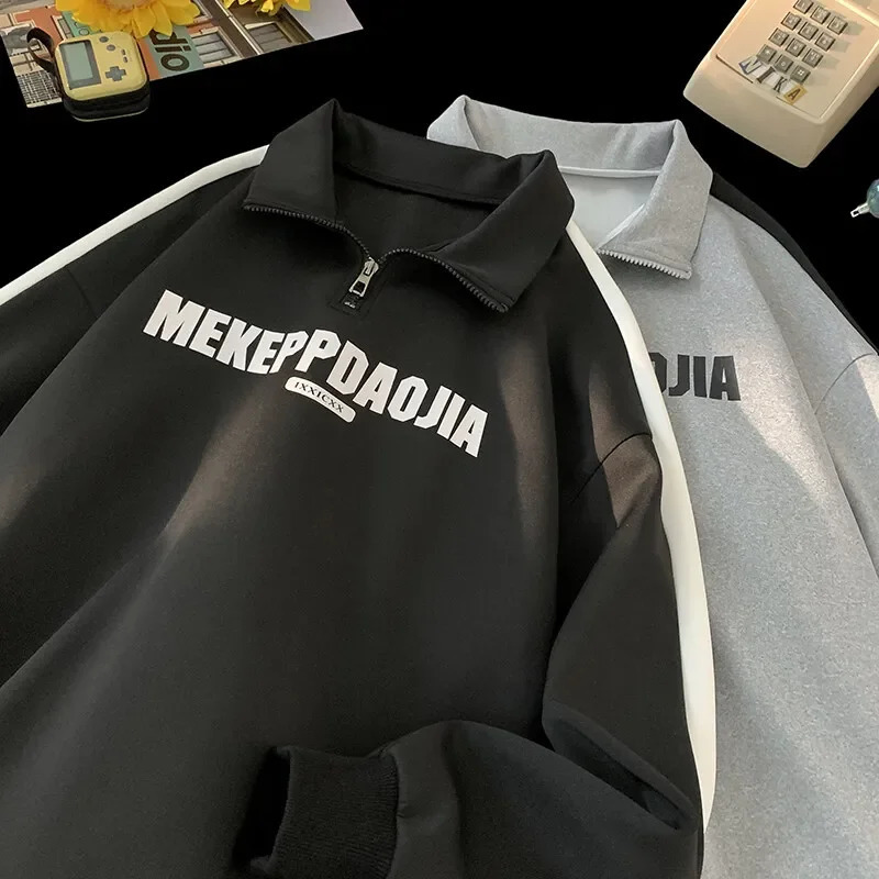 Mens Street Contrast Color Sweatshirt Half Zipper Standing Collar Long Sleeve Tops Couple Korean Style Letter Print Sweatshirts 250304
