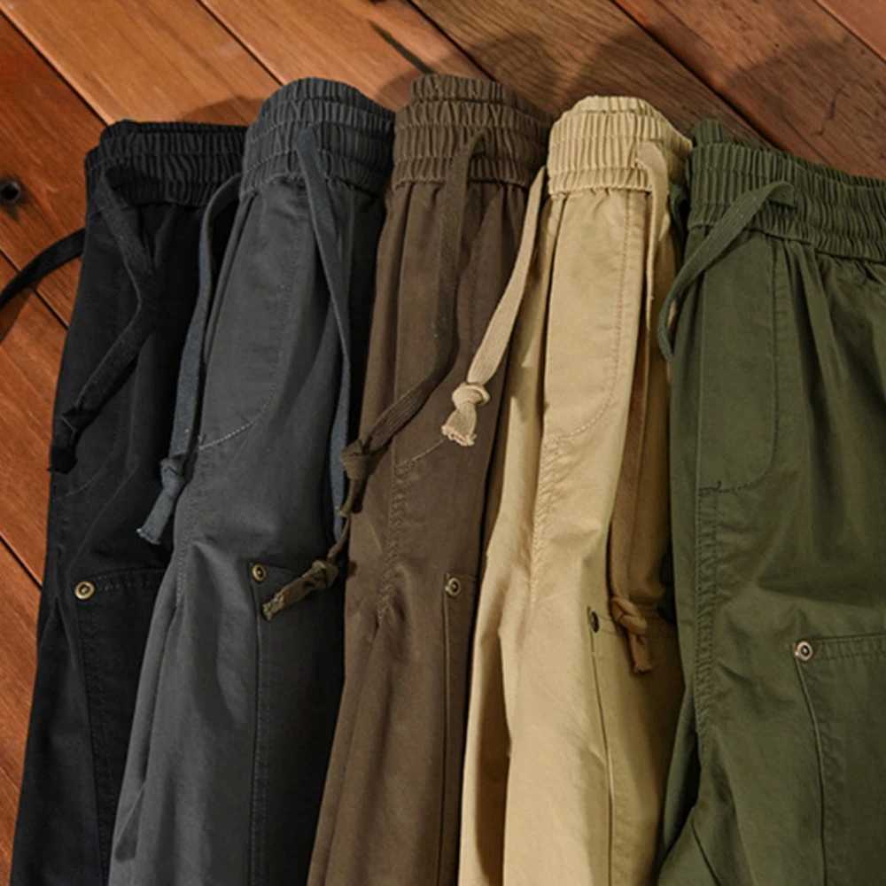 2025 Summer mens shorts cotton 100% Elasticated waist Casual Cargo pants Breathable wrinkle-resistant work pants man trousersT250304