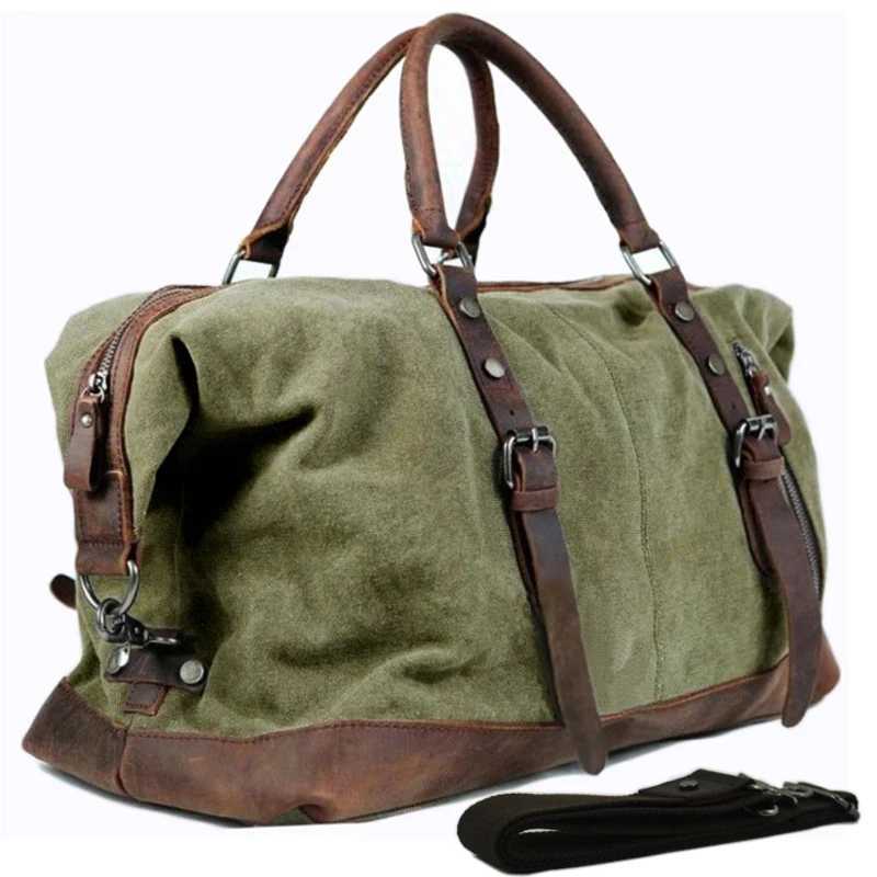 Vintage military Canvas Leather men travel bags Carry on Luggage bags Men Duffel bags travel tote large weekend Bag Overnight Y250304