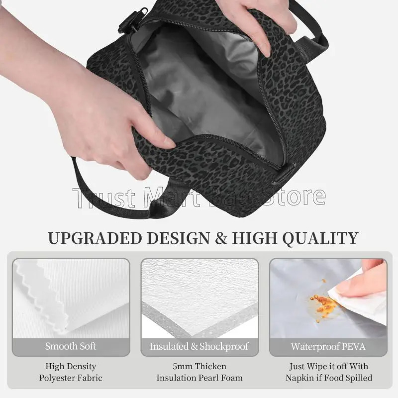 Black Leopard Print Lunch Bag Insulated Reusable Bento Tote for Women Thermal Cooler Bag with Adjustable Strap for Work Travel 250228