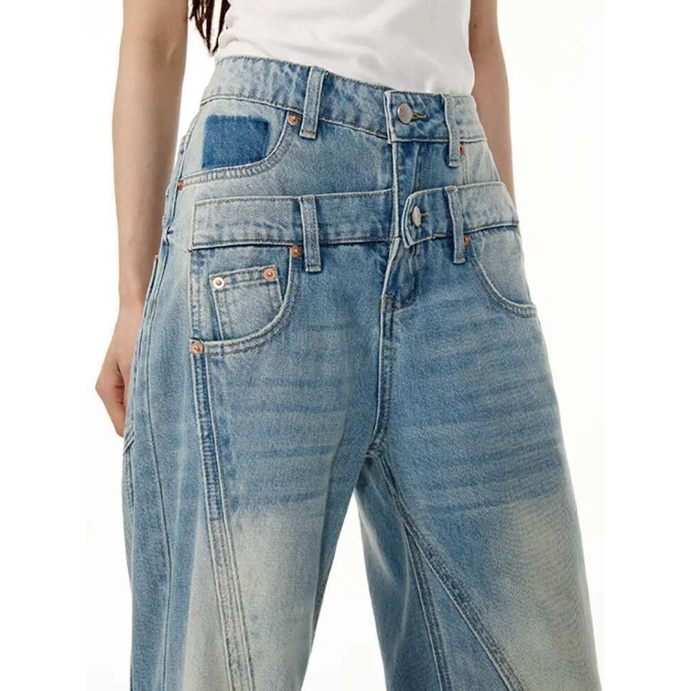 Fashion Women's Deconstruct Jeans Double Waistband Pockets Spliced Or Straight Denim Pants Spring 2025 New Tide 7Ab6968