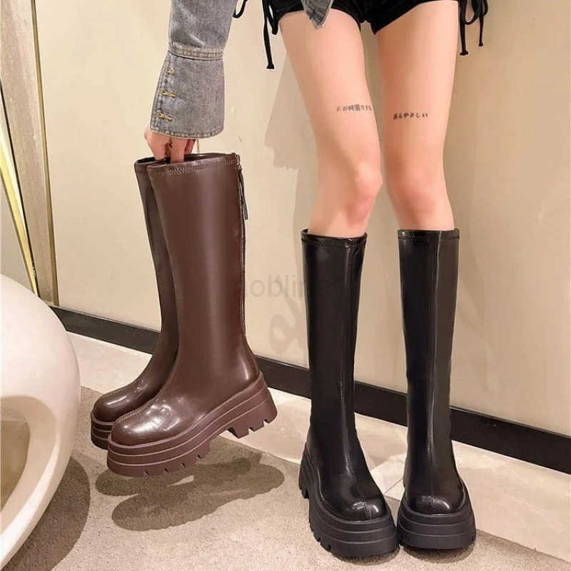 Fion sexy slim rear zipper wen knee high long boots black Brown Autumn Winter platform high heel ladies shoes Botas Mujer Z250304