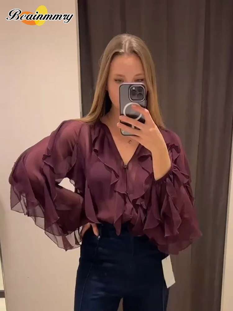 Spring Bury Layer Ruffles Shirts For Woman Casual V Neck Full Sleeve Loose Blouse New Female High Street Office Outfits 2025