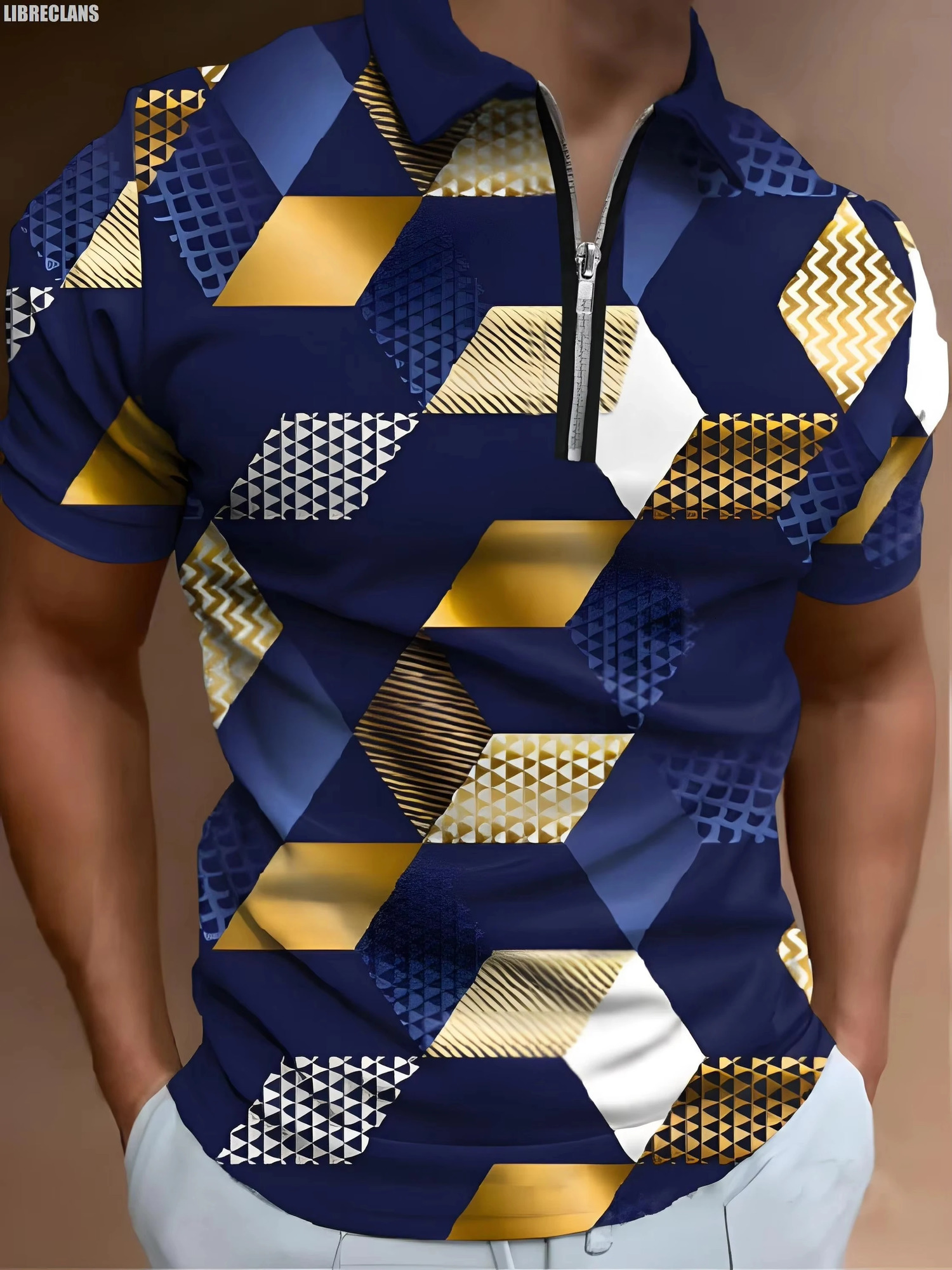 Retro gold checkered pattern 3D printed mens zipper polo shirt summer fashion short sleeved top 2025 Harajuku streetwear li 250304