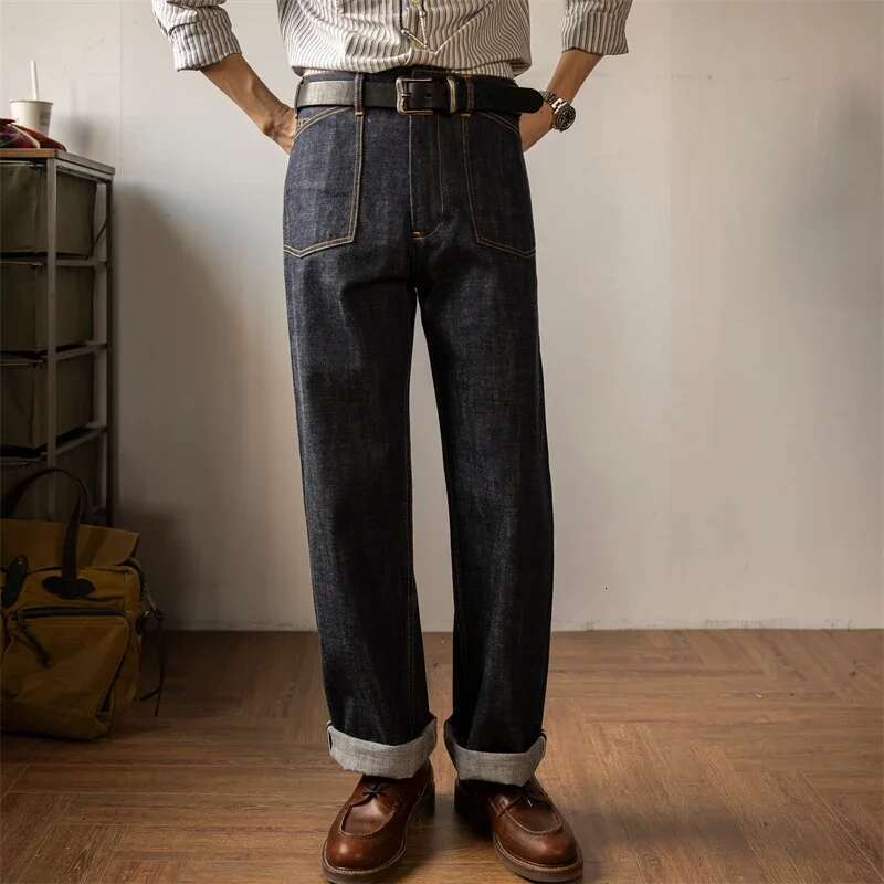 Tornado Denim Railroad Pants High Waist Red Style Seage Jeans Back Buckle
