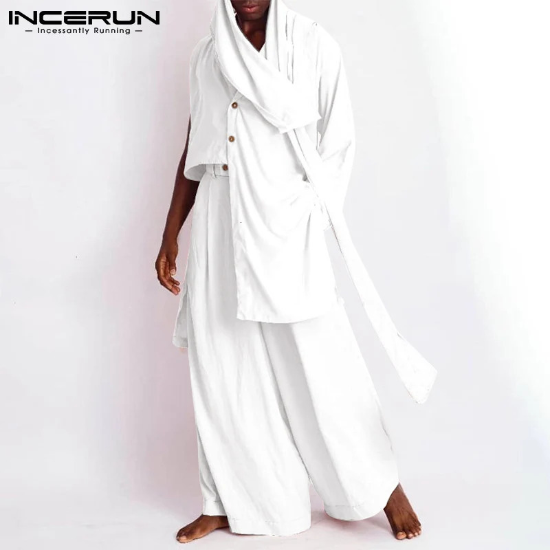 Stylish Mens Solid All-match Sets Irregular Hem Sleeve Shirts Loose Pants Casual Muslim Style Suit 2 Pieces S-5XL INCERUN 250303