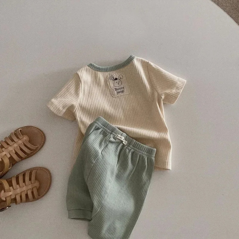 Summer Babys Sets With Label Thin Korea Childrens Clothing Stripe Short Sleeved Shorts Two-piece Set 250304