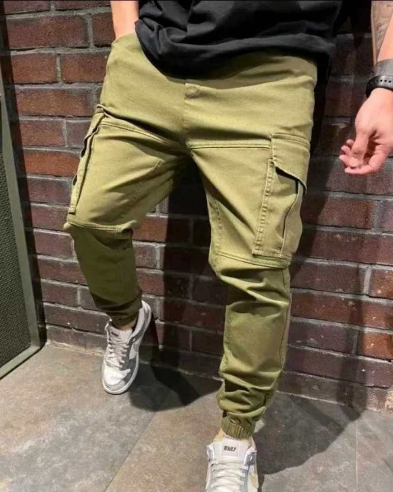 Elastic ankle pants Mens pants Street wear mens overalls with ankle strap drawstring waist multi-pocket slim fit casual pantsXJ250303