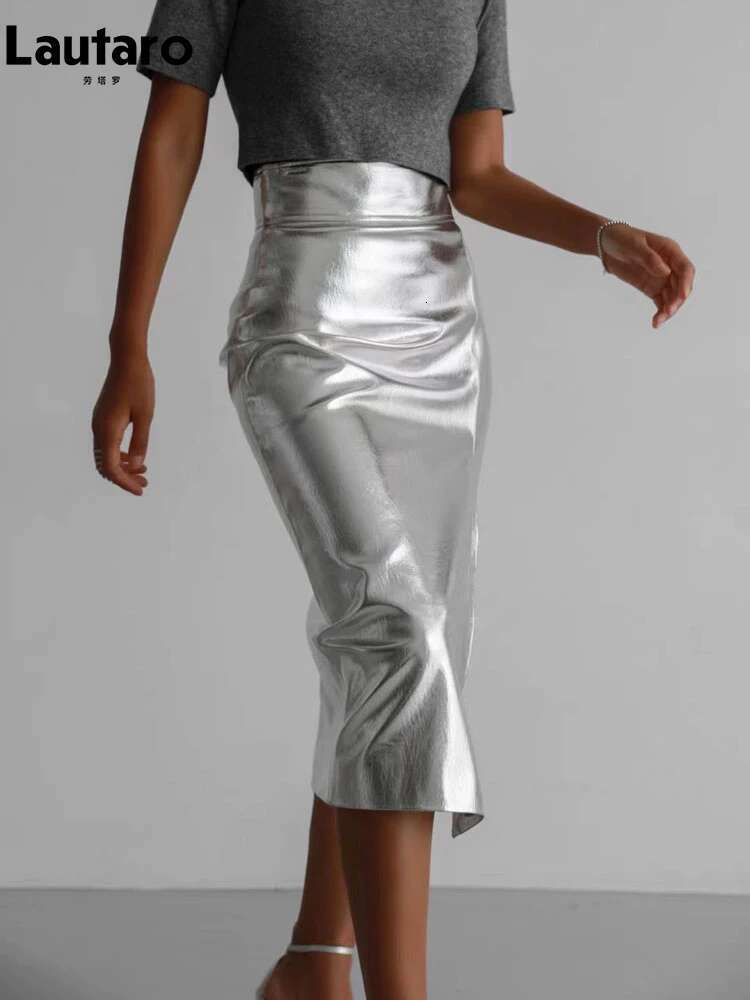 Lautaro Spring Autumn Shiny Black Sier Golden Pu Leather Skirt Women Front Slit High Waist Long Designer Clothes 2023