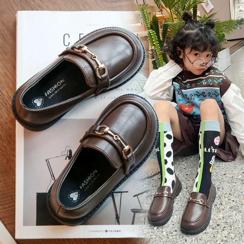 Spring Girl UK Boys Leather Shoes Children Soft Mary Jens Metal Fashion Casual Solid Black Sliding Block 250303