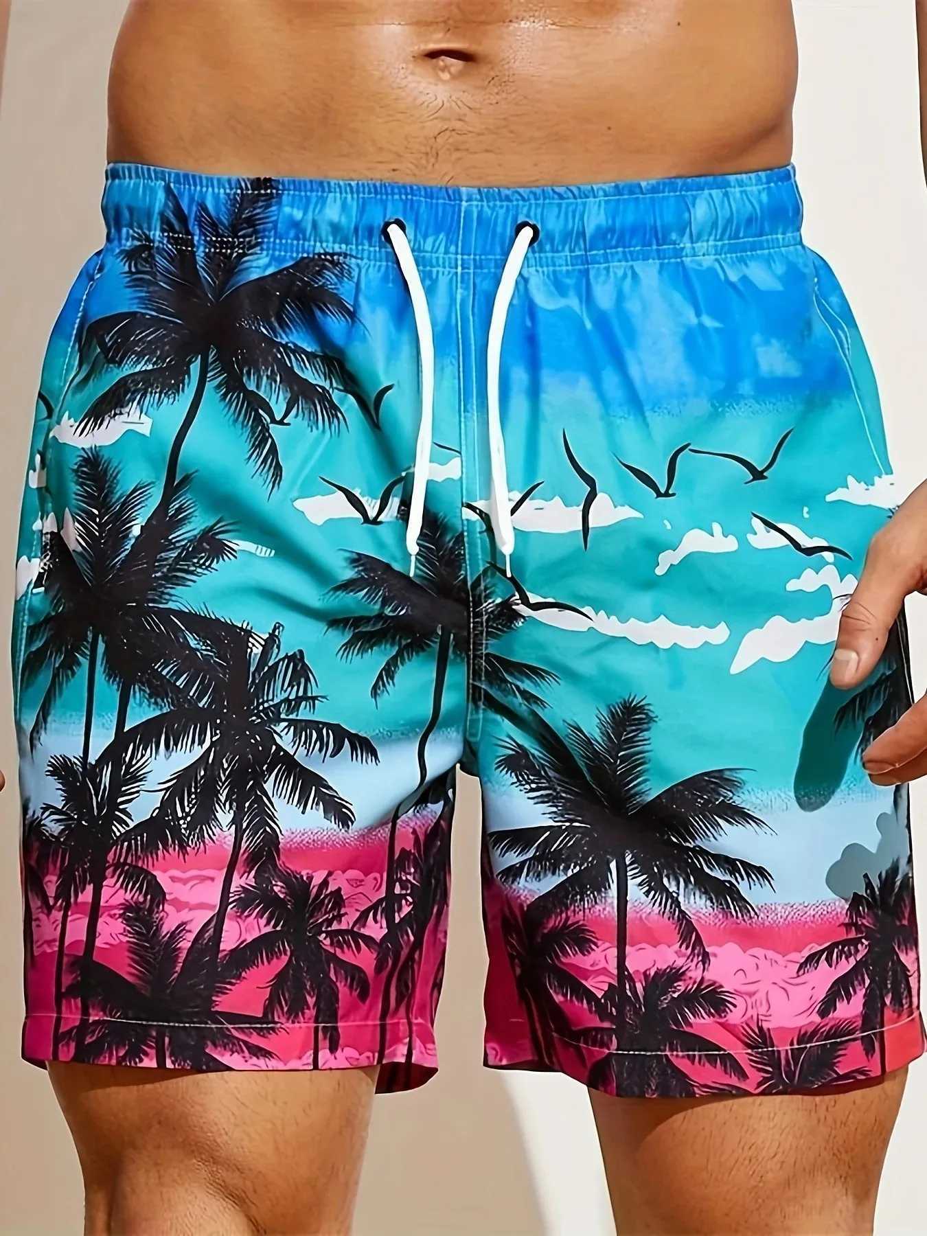 Summer Mens Loose Beach Shorts Drawstring Quick Dry Coconut Tree Shorts For Men 3D Print Casual Sport Shorts for maleT250304