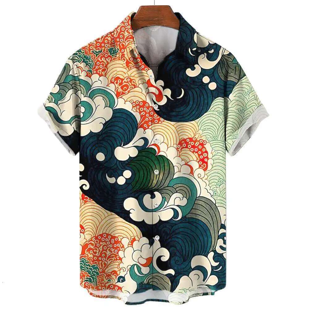 2025 New Shan Hai Jing Ukiyo-e Wave And Cloud Print Men's Designer Short Sleeved Shirt Casual Daily Summer Fashion Street Comfortable Trendy Top 
