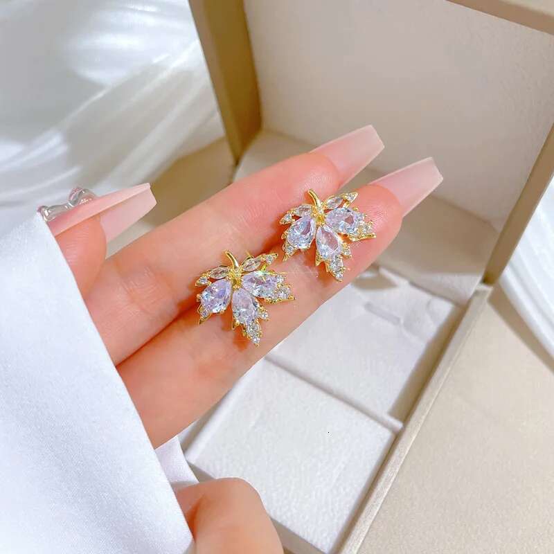 Yupsk Elegant AAA Zirconia Maple Leaf Pendant for Women Fashion Stainless Steel Chain Earring Necklace Jewelry Gift