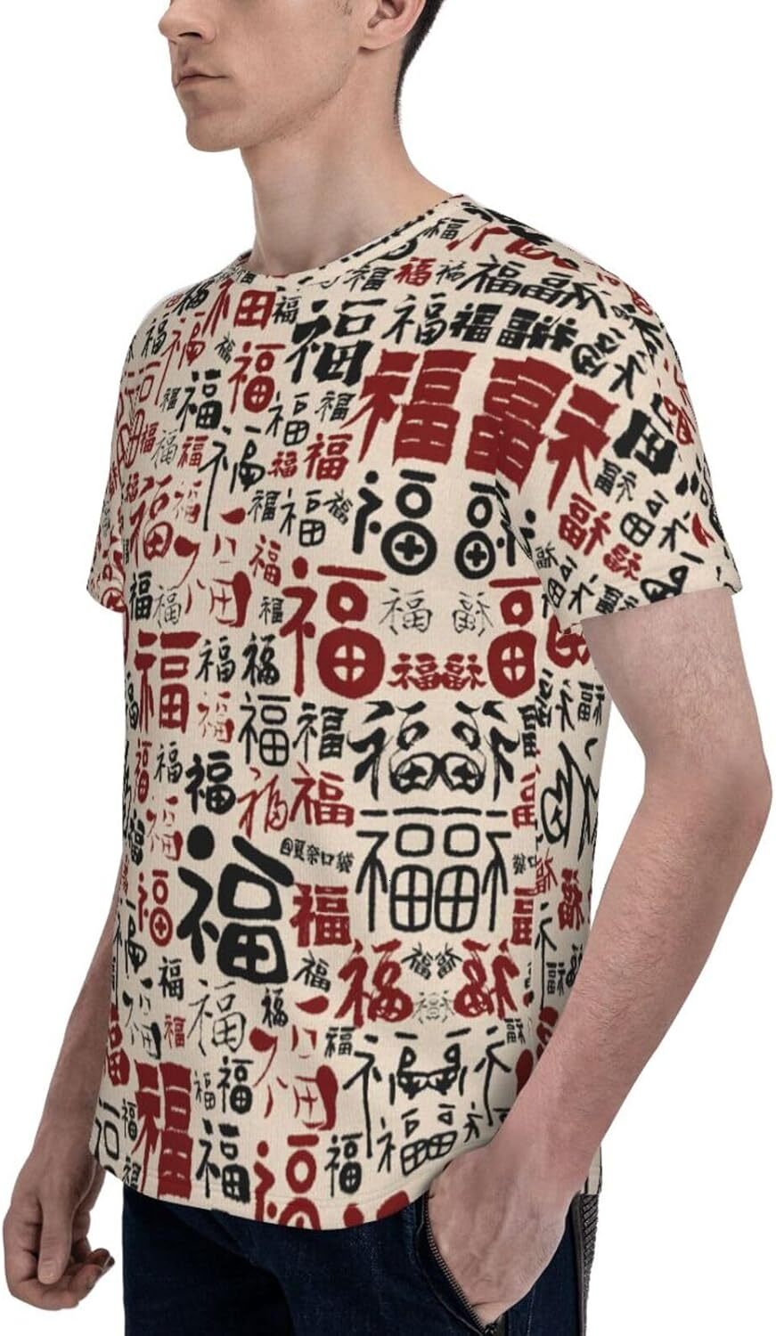 Mens T shirt Blessing Text 3D Printed T-Shirt for Men and Women - Chinese Character Fu Graphic Casual Trendy Crew Neck Tops Tee tee Casual tops summer