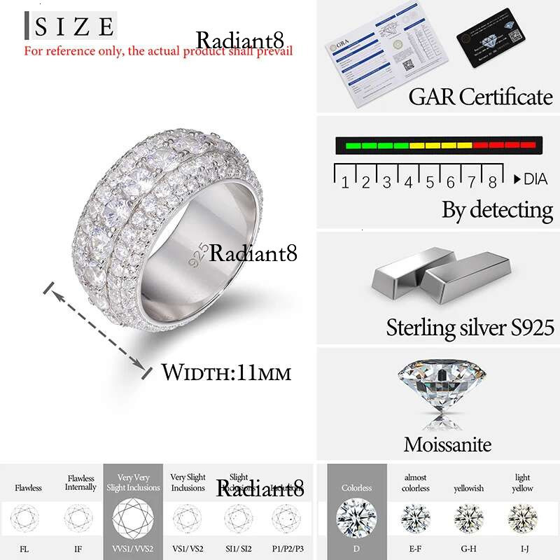 VVS1 3 Row 11mm Width Moissanite In S Sier Ring Hip Hop Jewelry Pave Setting With Certificate Fine Jewlery Gift