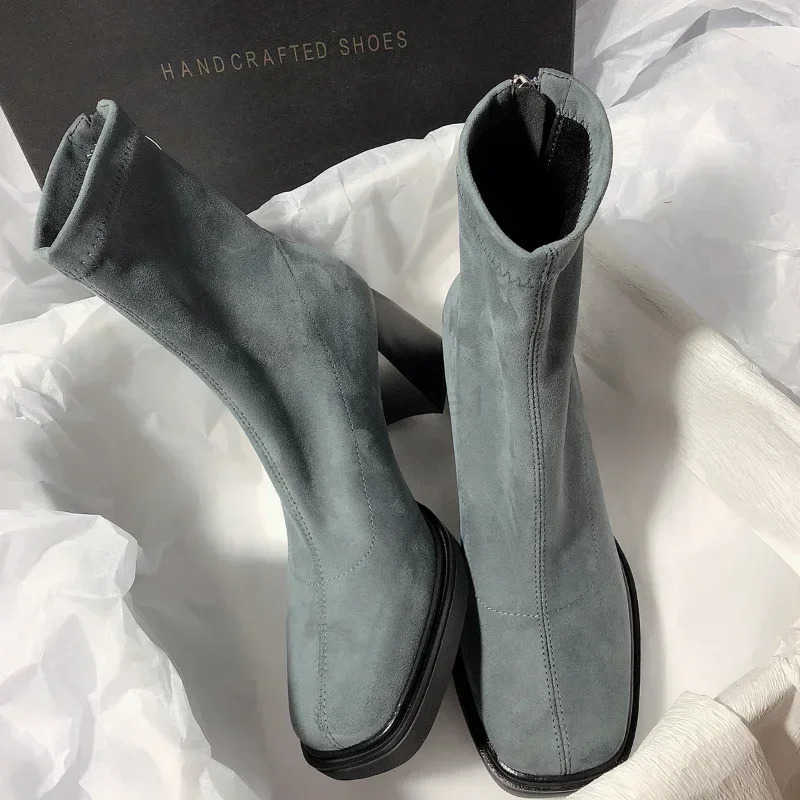 Wen Cowboy Ankle Boots Wan Winter Square Toe Chunky H Elastic Boots Fem Back Zipper Ankle Boots Botas Mujer Z250304