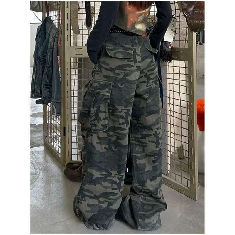 Military Green Womens Jeans High Waist Vintage Straight Baggy Y2k Pants Hip Hop American Fashion Wide Leg Denim Trouser
