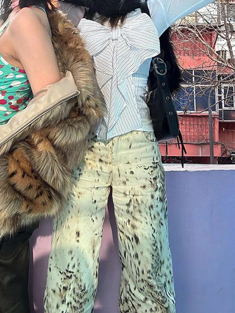 WCFCX STUDIO Vintage Leopard Print Women High Waisted Streetwear Casual Wide Leg Denim Pants Straight Baggy Jeans