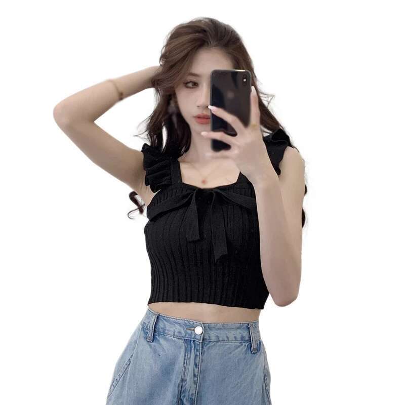 Version Square Korean Neck Bow Tie Slim Fitting With Fashionable Exposed Navel And Sweet Versatile Knitted Sleeveless Vest