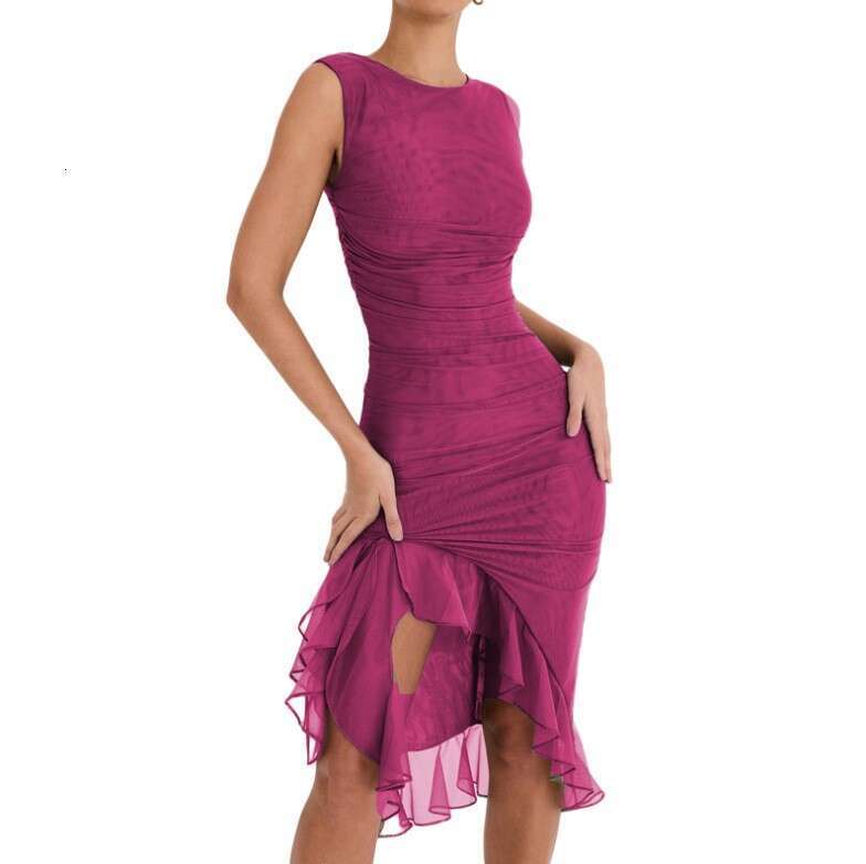 Summer Round Collar Sleeveless Fashionable Hot Selg Sexy Tight Back Fold Middle Long Dress 2025 New Casual Versatile Fashion Clothing