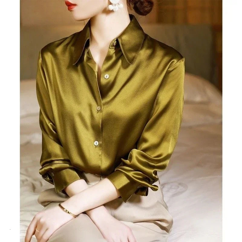 Quality Women Shirt Elegant Office Button Up Long Sleeve Shirts Momi Silk Crepe Satin Blouses Business Ladies Top 250303