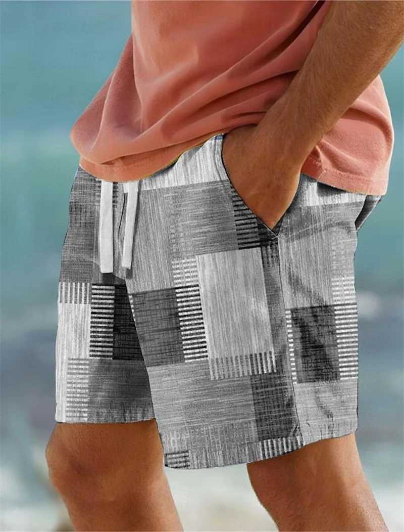 Mens Classic 3D Print Plaid Color Block Running Shorts Geometry Graphic Hawaiian Board Shorts Swim Trunks Holiday Beach PantsT250304