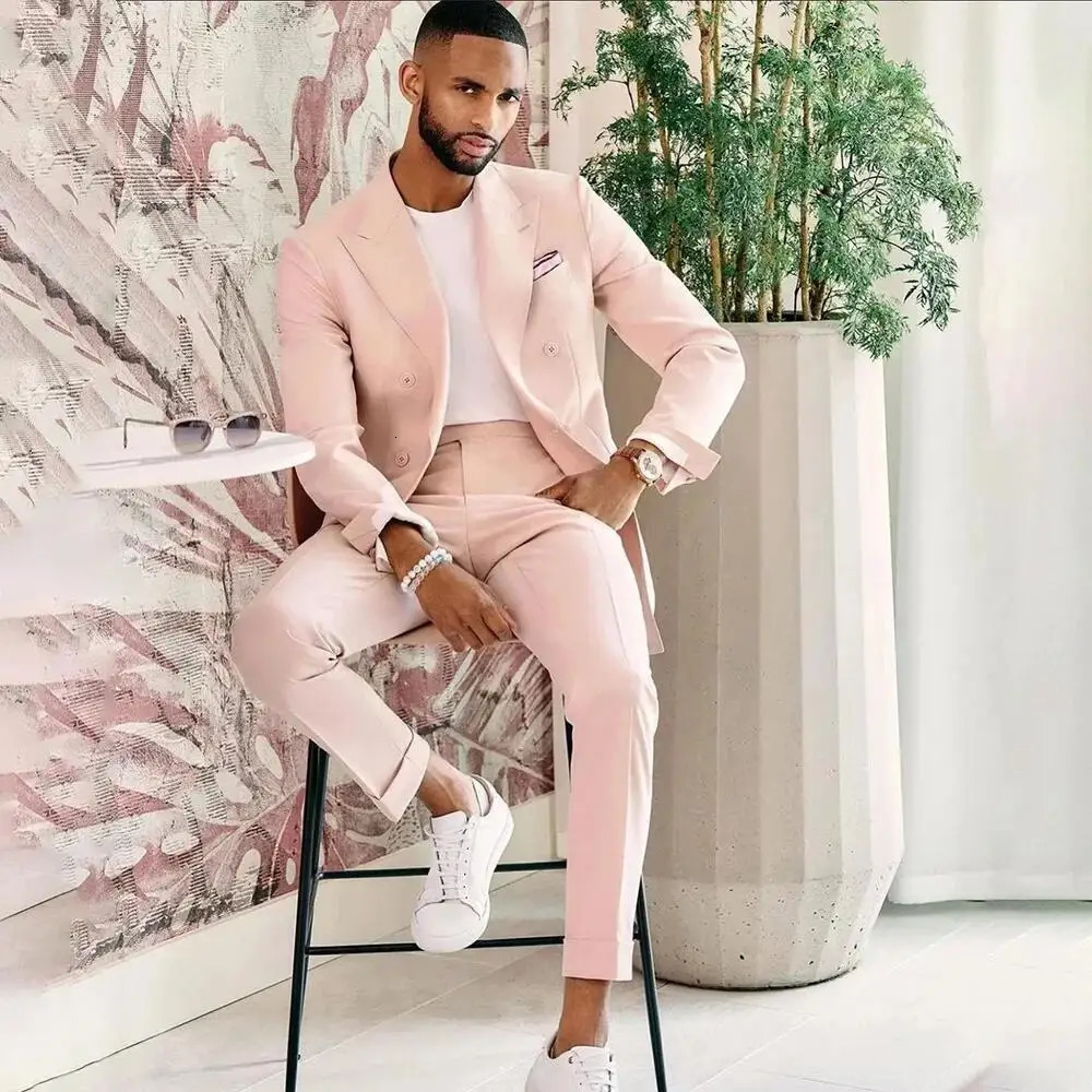 Pink Slim Men Suit 2 Pieces JacketPants Fashion Gentleman High Quality Lapel Double Breasted Blazer Set 250224
