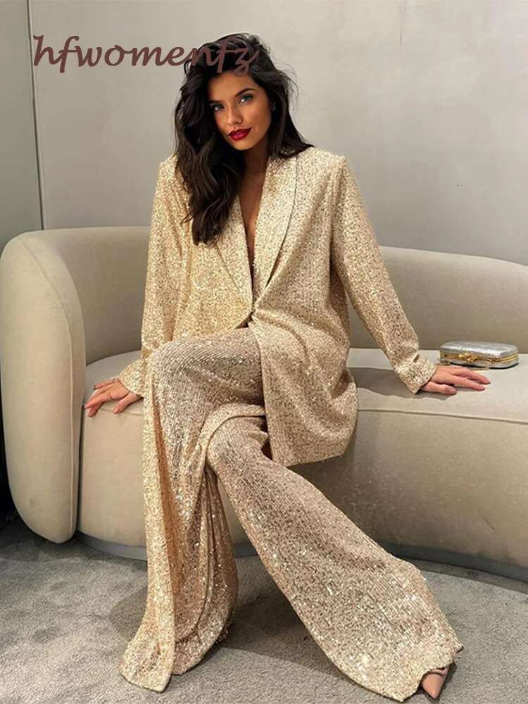 Elegant Sequins Jacket Pants 2 Pieces Outfits Women Shiny One Button Lapel Long Sleeve Coat Wide Leg Pant New In Matching Suit
