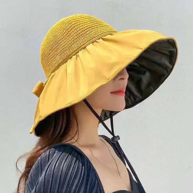 Metal Label Bow Knit Sun Hat Big Brim Breathable UV Protection Visor Cs For Women Men Summer Travel Sport Hiking Beach HatXJ250304