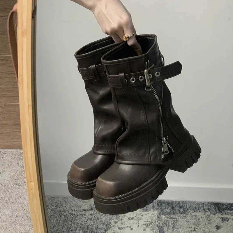 Winter Wen Biker Boots Fion Belt Buckle Ladies Elegant Platform Flats Short Booties Casual Wens Knight Booties Z250304