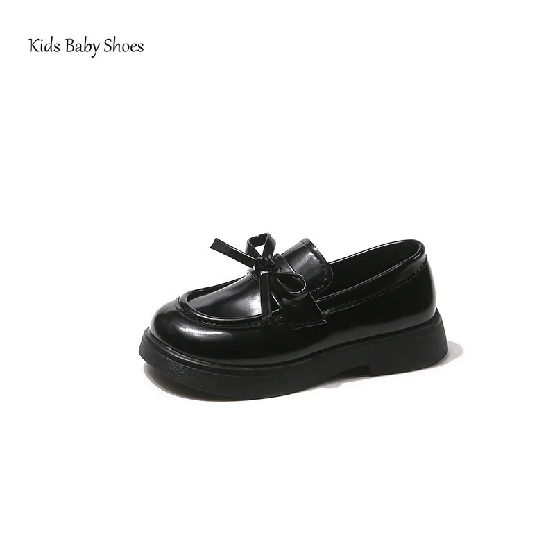 Girls Black Small PU Leather Shoes Beige SpringAutumn Style Soft Bottom Princess Bow Cushion Slide Up Apartment Size 2335 250303