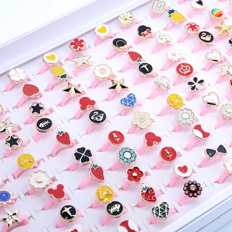 Wholesale 100pc/box Mix Cartoon Animal Mermaid Daisy Gem ring Kids Girl Rings Child Birthday Party Gifts adjustable size 250304