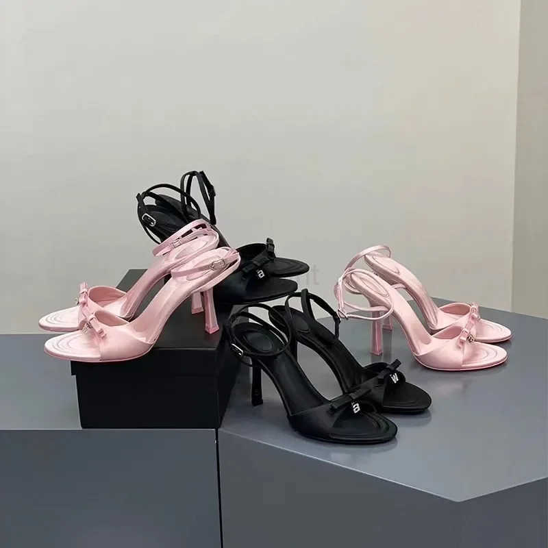 New Summer Bow Satin H Feminine Rhine Letters Stiletto H Open-toe Sandals Black wens shoes sandals Z250304
