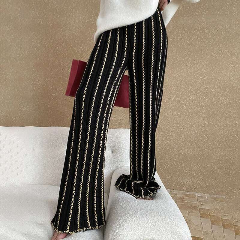 Fashion 12% Wool Embroidered Striped Texture Knitted Pants Women's Elastic Waist Full-Lenth Trousers New Tide 7Ab6323