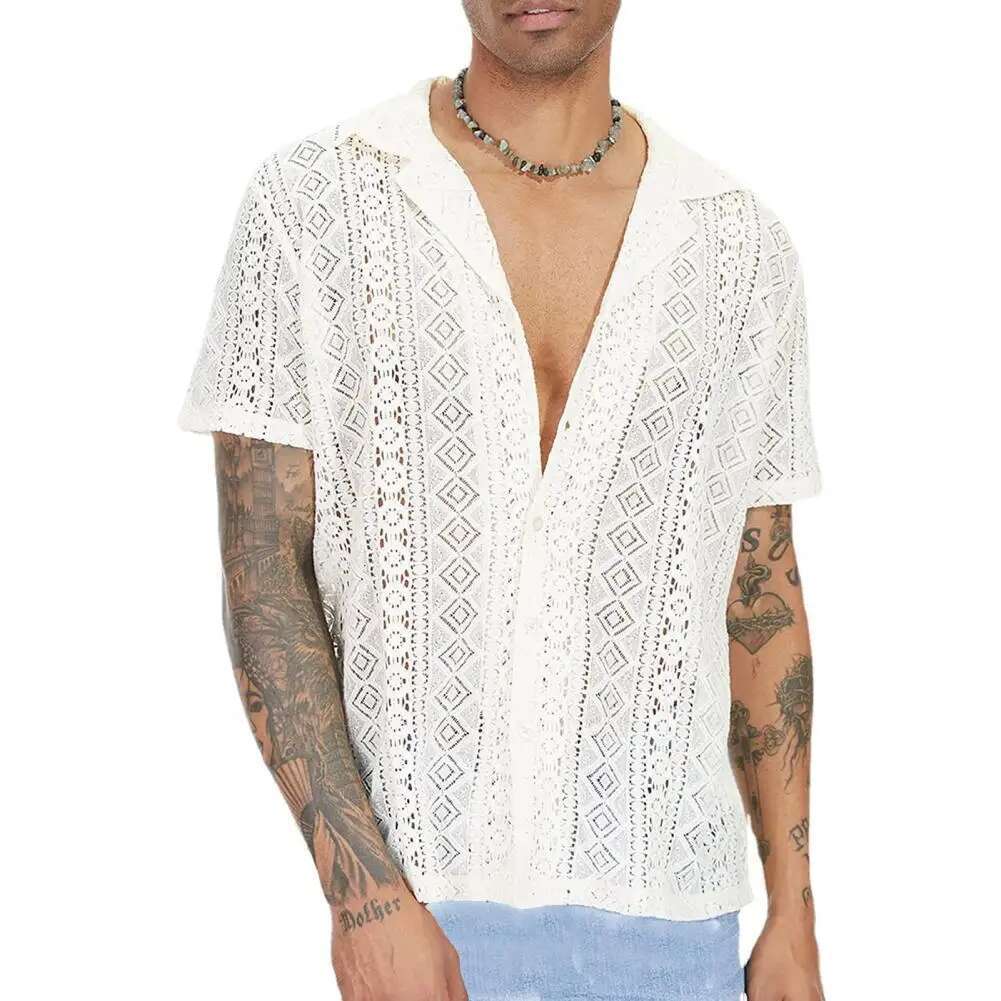 Summer New Transparent Shirt Summer Top Designer Hollowed Out Collar Cardigan Wool Sweater Short Sleeved Daily Wear Loose And Breathable T-shirt Men&#