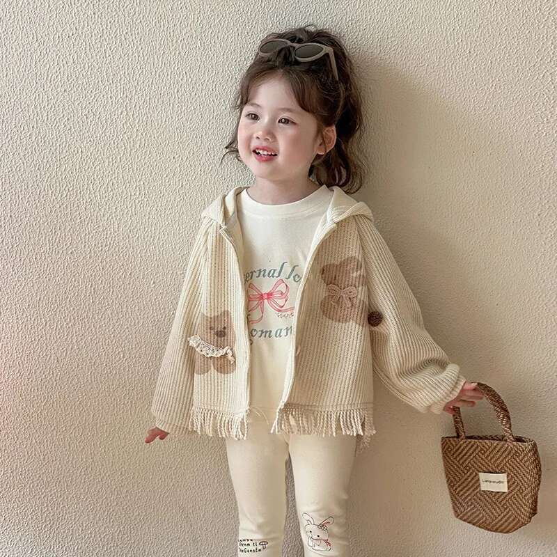 Ddmyshoesvip Children Spring Knitwear Cardigan Cotton Cartoon Tassel Hem Kid Coat Korean Long Sleeve Hooded Outerwear For 1-6Y Girl