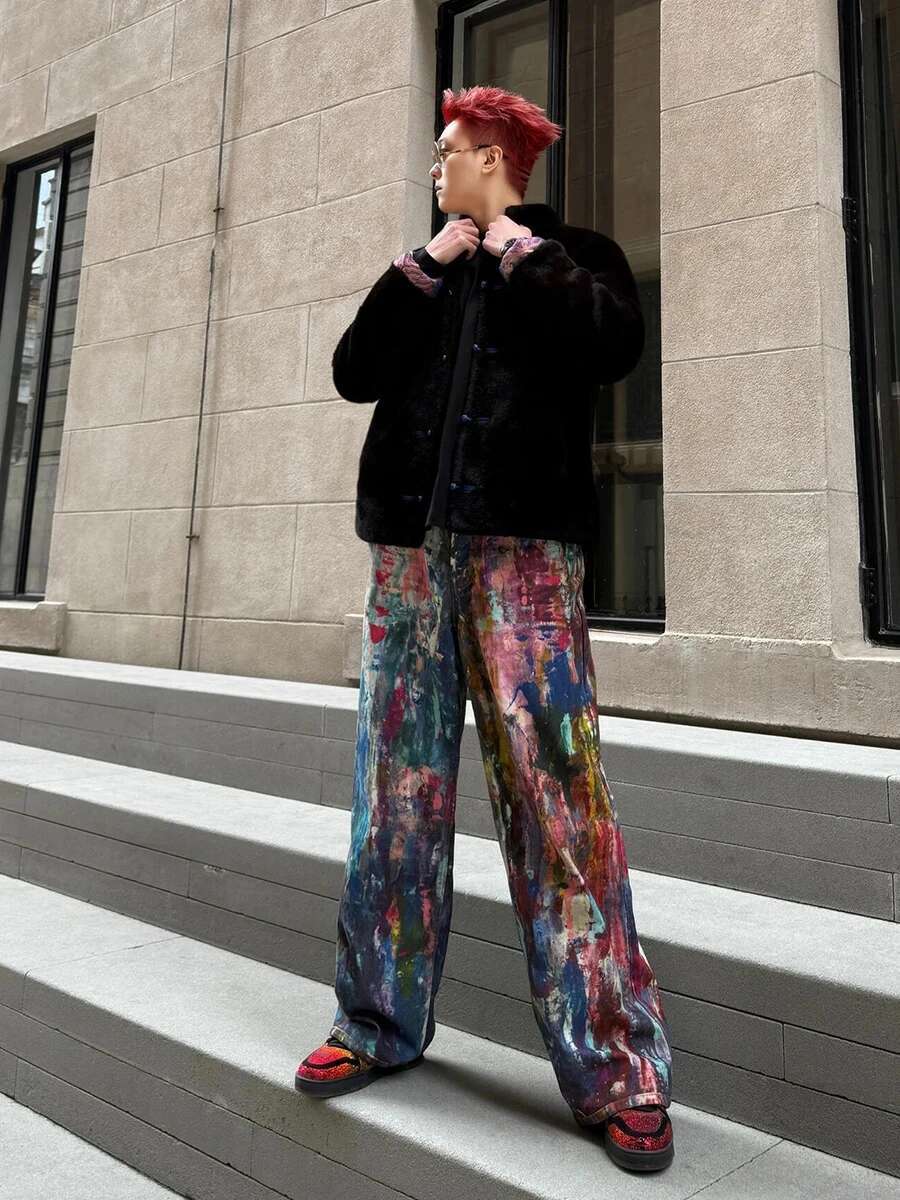 REDDACHIC Colorful Graffiti Baggy Jeans Men Wash Do Old High Waist Loose Straight Wide Leg Denim Pants Casual Vintage Streetwear